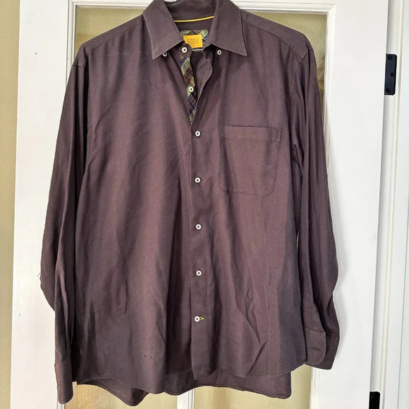 ROBERT TALBOT CARMEL Button Down Shirt with Plaid Contrast Button Placard - L - Picture 6 of 9